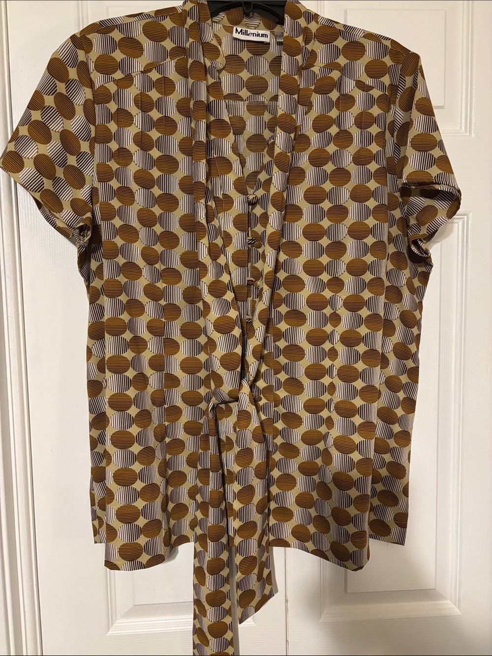 Millenium Women's Tie-Front Blouse in Mustard Geo Dot